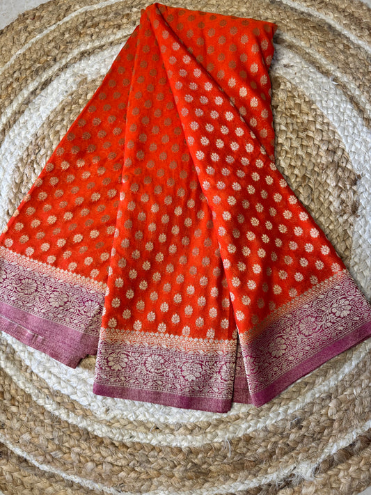Orange with Pink Banarasi Semi Khadi Butti Georgette Saree