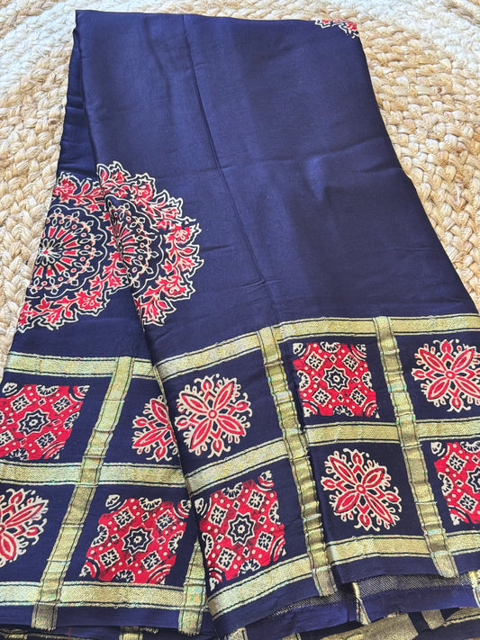 Pure Modal Silk Ajrak check Saree