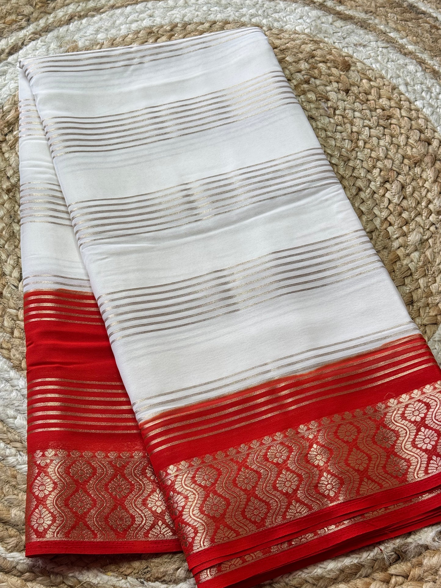 White and Orange Semi Mysore Crepe Silk Saree Rich Pallu