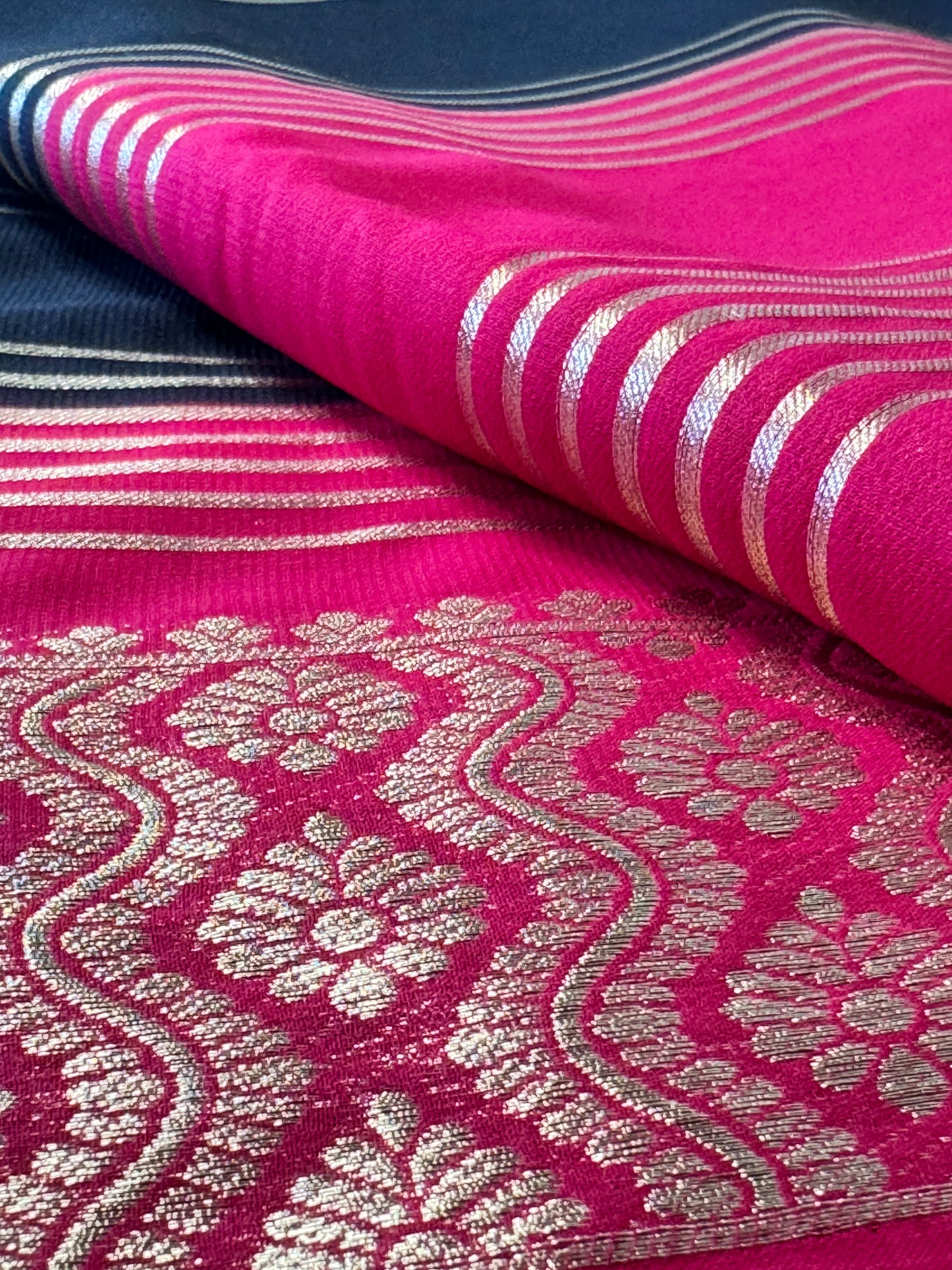 Black and Pink Semi Mysore Crepe Silk Saree Rich Pallu