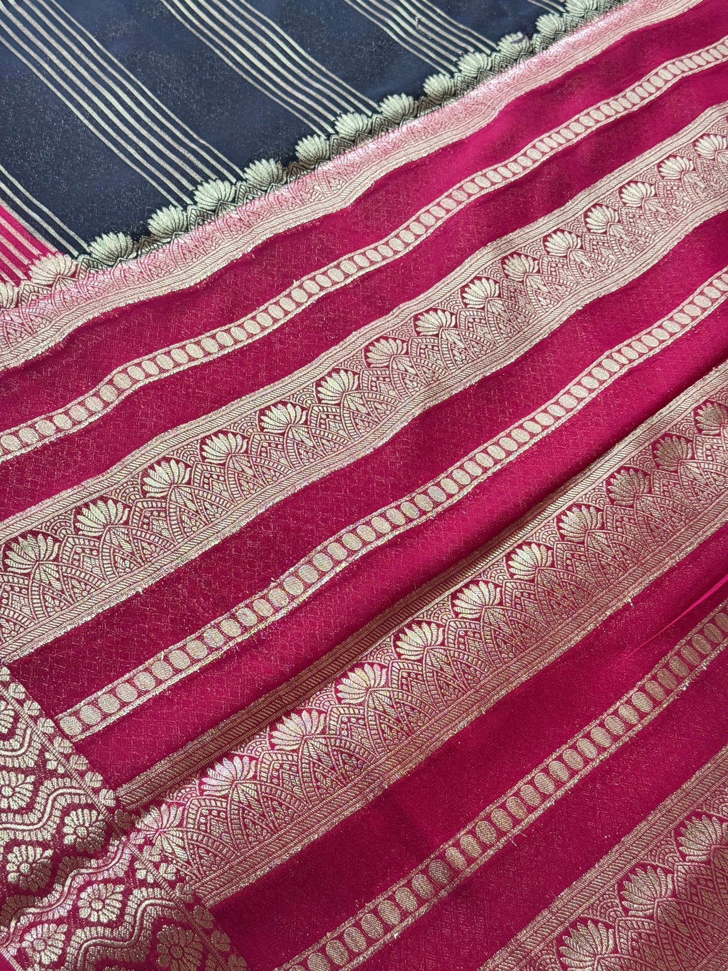 Black and Pink Semi Mysore Crepe Silk Saree Rich Pallu