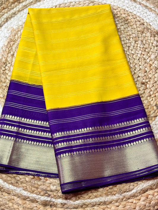 Yellow and Purple 2D Semi Mysore Crepe Silk Saree