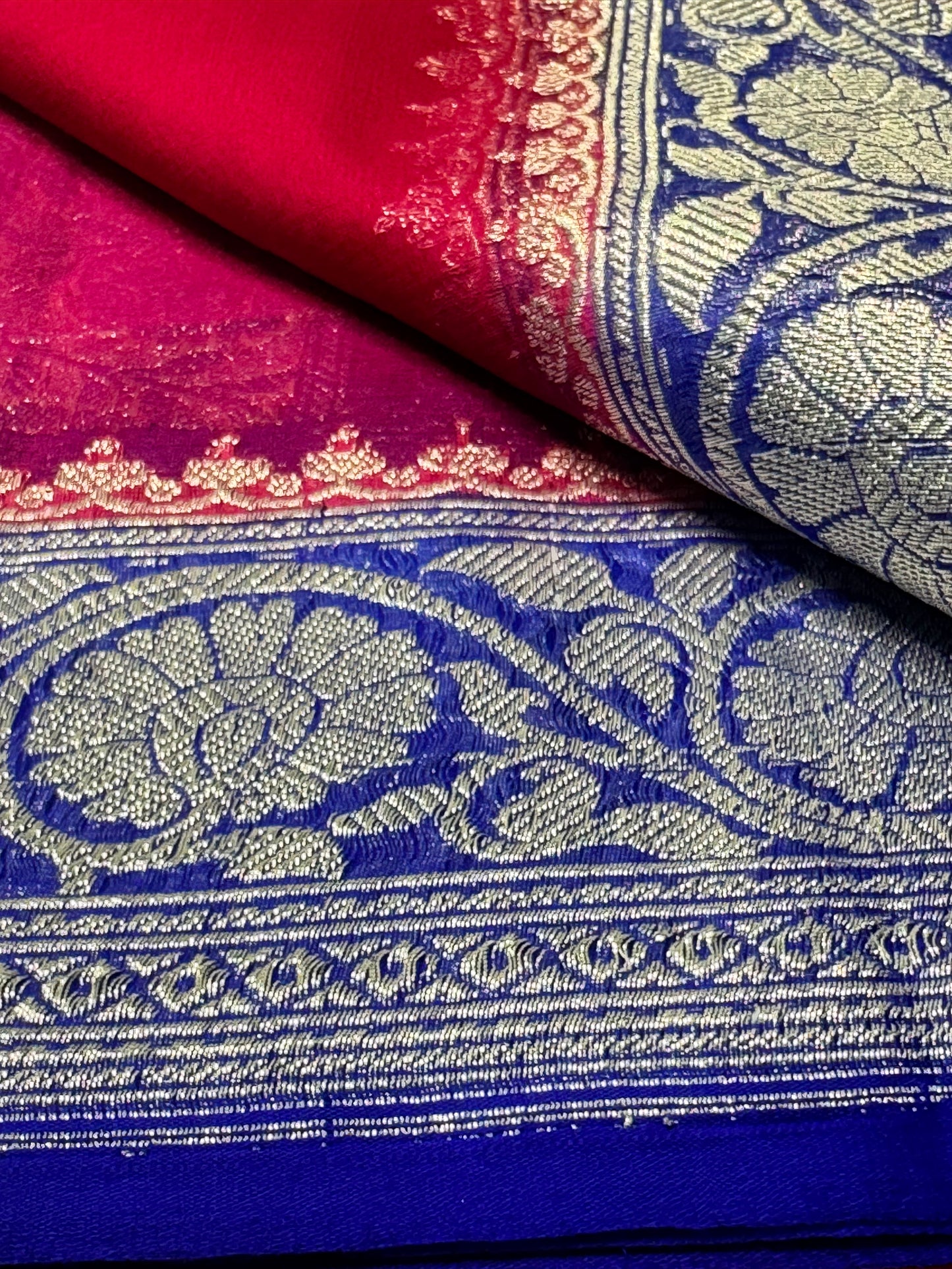 Pink with Blue Khadi Banaras Pure Chiffon Saree