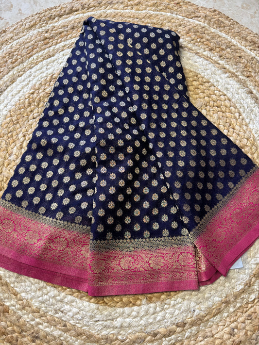 Navy Blue with Pink Banarasi Semi Khadi Butti Georgette Saree