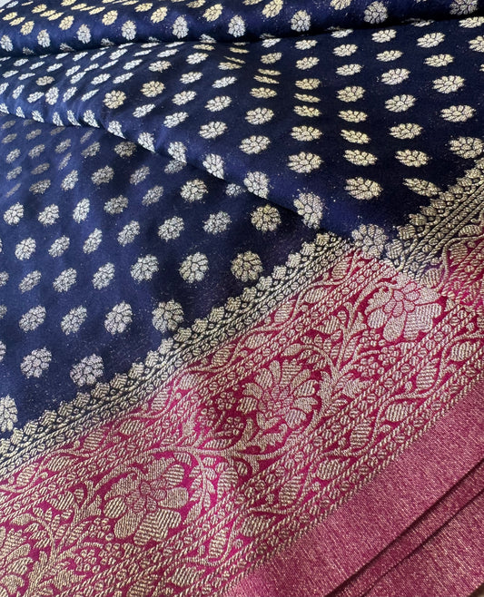Navy Blue with Pink Banarasi Semi Khadi Butti Georgette Saree