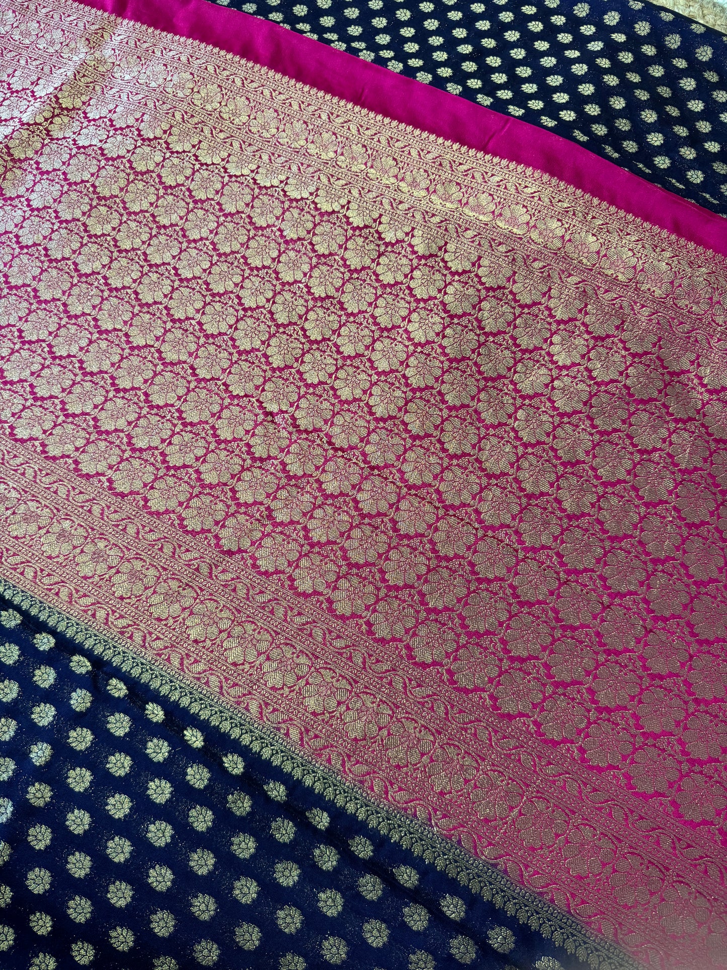 Navy Blue with Pink Soft Crepe Silk