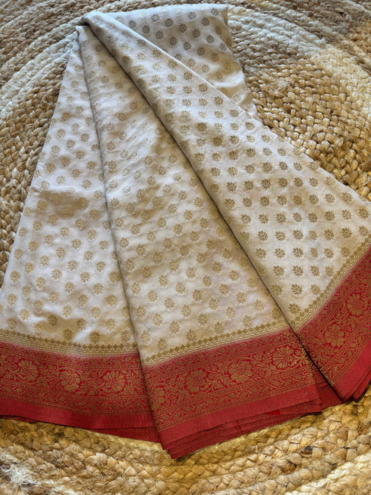White with Red Banarasi Semi Khadi Butti Georgette Saree