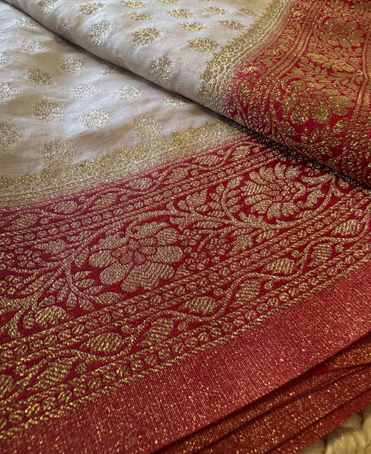 White with Red Banarasi Semi Khadi Butti Georgette Saree