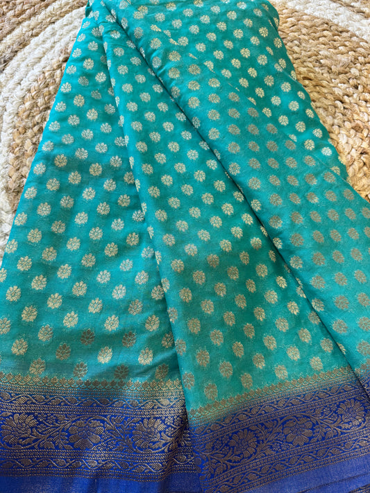 Sea Green with Blue Banarasi Semi Khadi Butti Georgette Saree