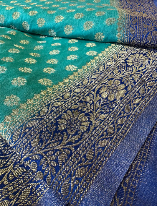 Sea Green with Blue Banarasi Semi Khadi Butti Georgette Saree