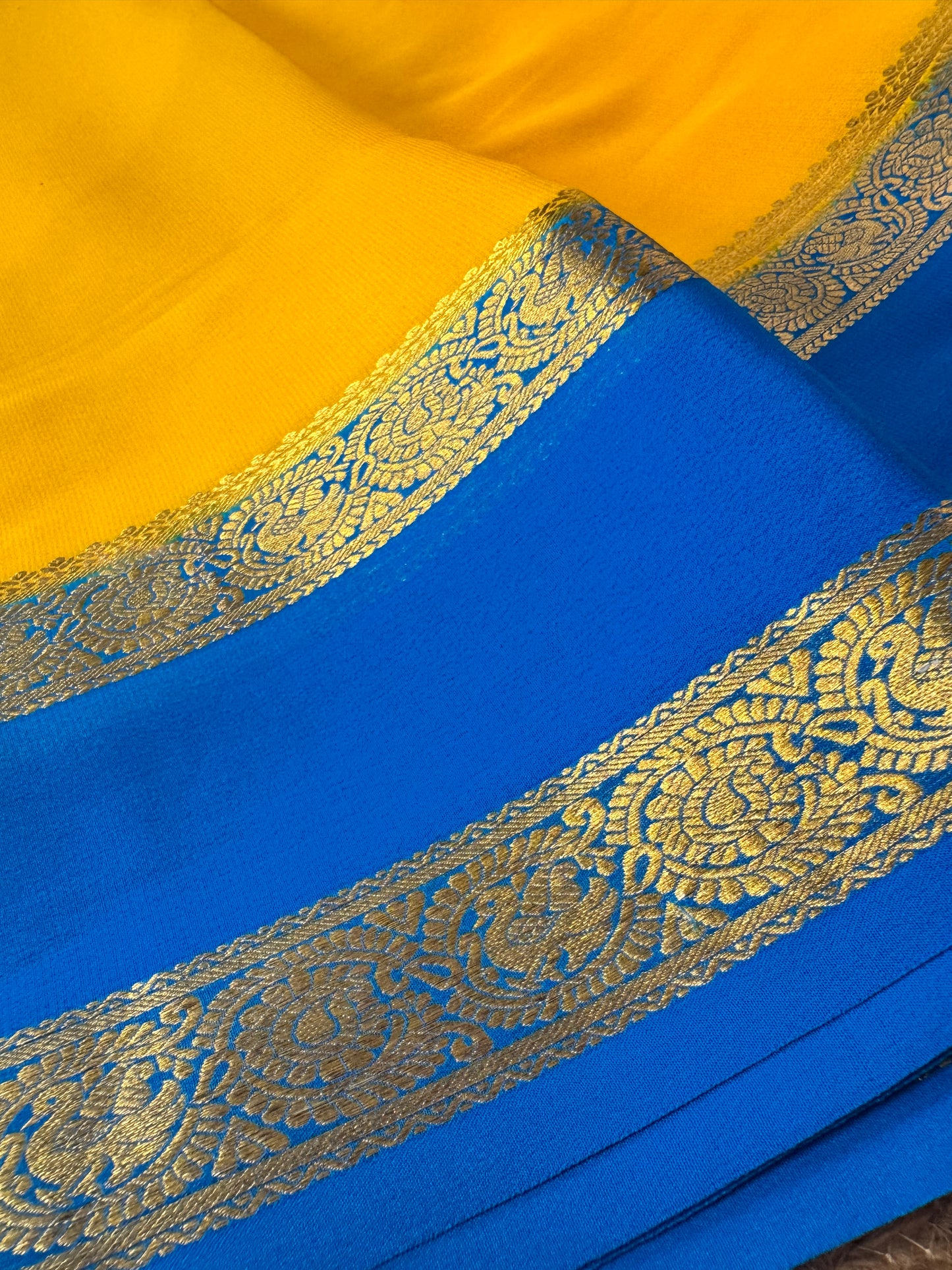 Yellow with Blue Pure Crepe Mysore Silk Saree