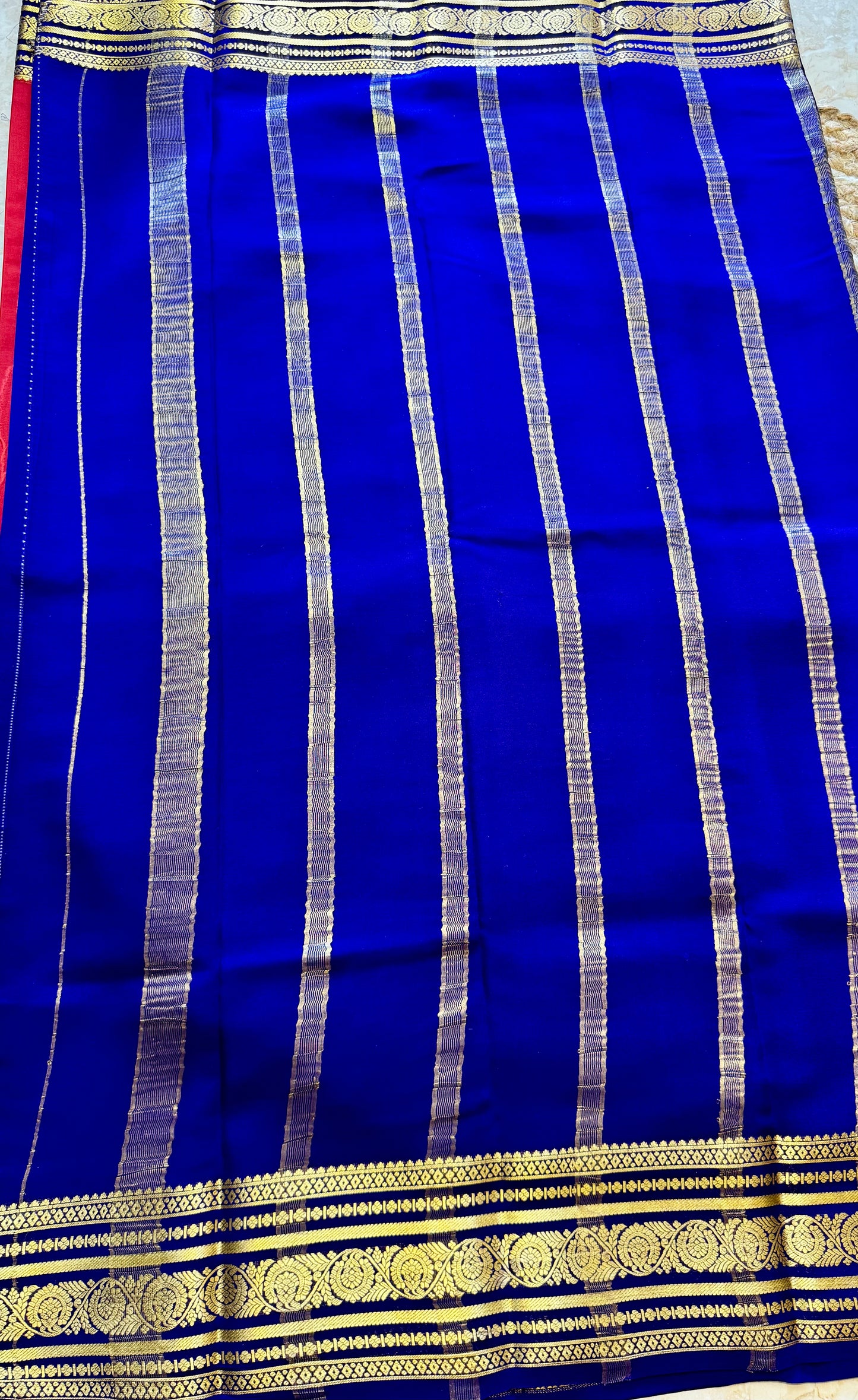 Red with Blue Pure Crepe Mysore Silk Saree