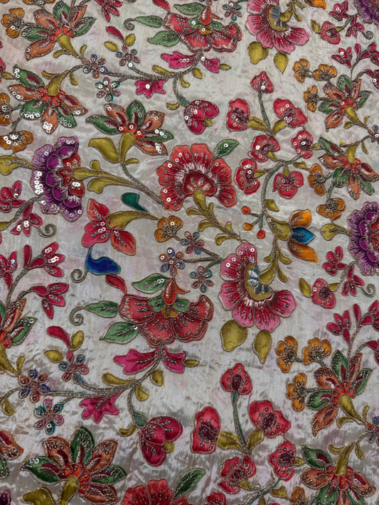 Cream with multi flower kalamkari Crepe Blouse Piece/Material