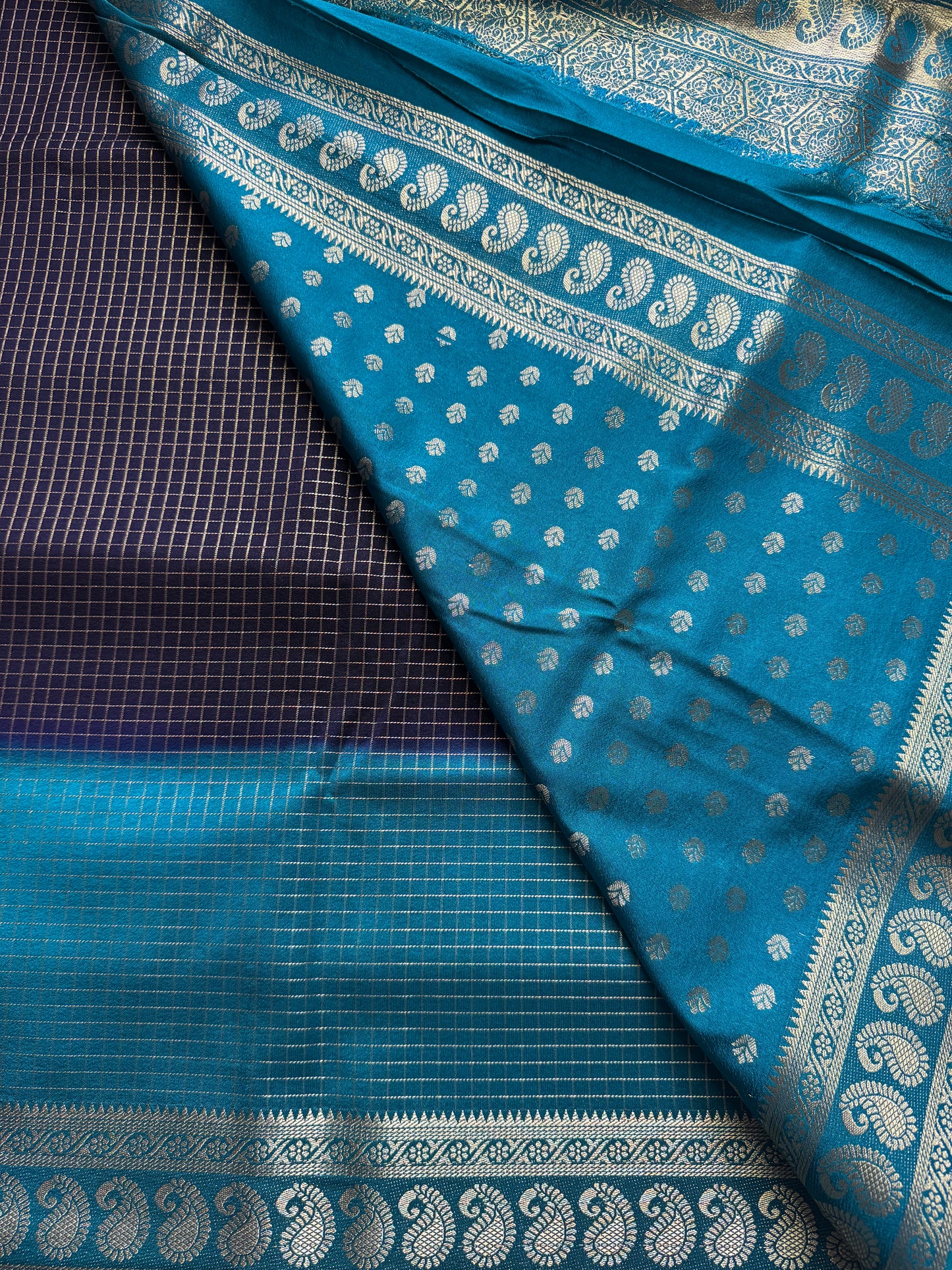 Navy Blue with sea blue Rich Checks Bentex Soft Silk