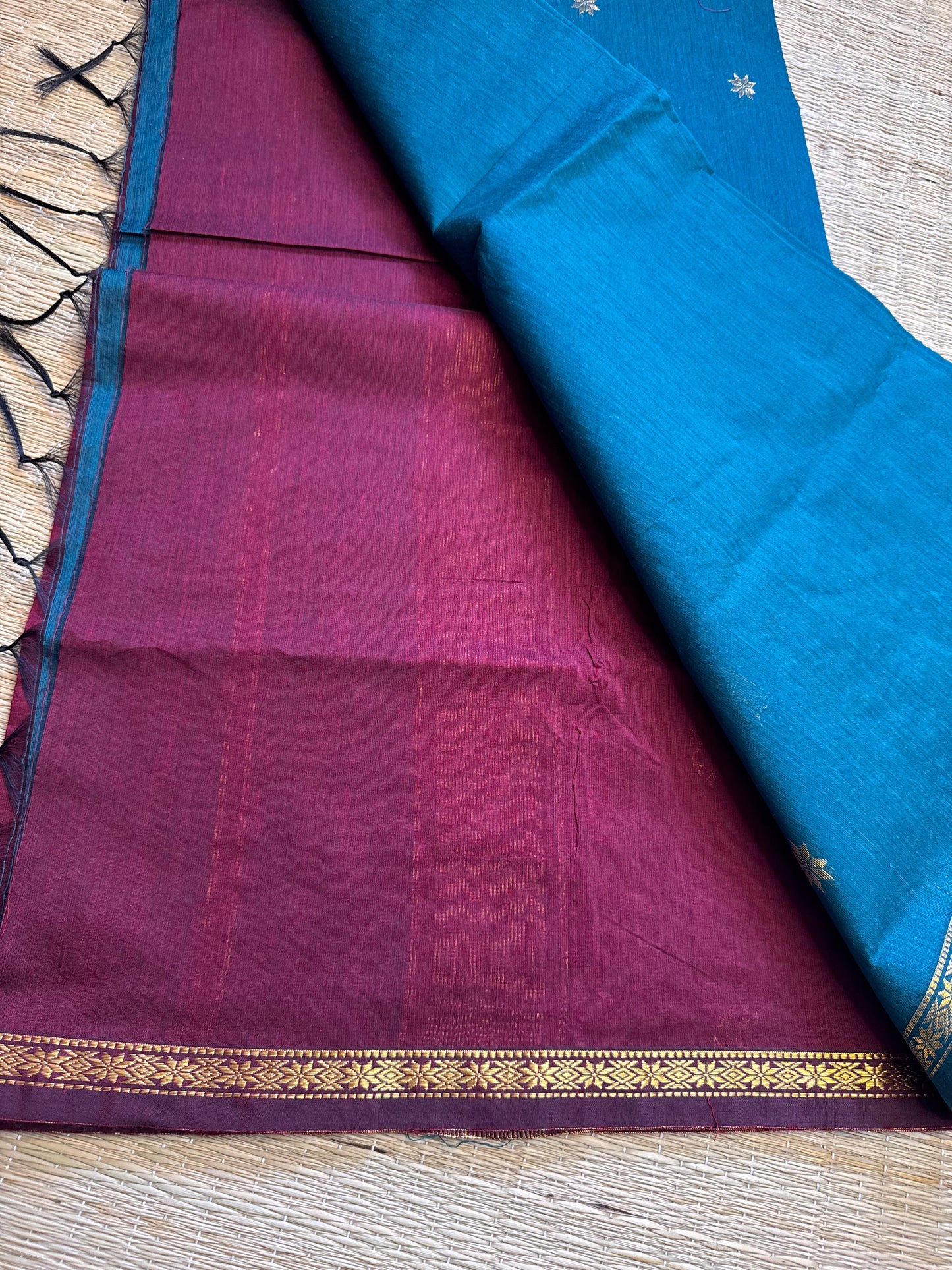 Peacock Blue-Maroon Maheshwari Cotton Saree