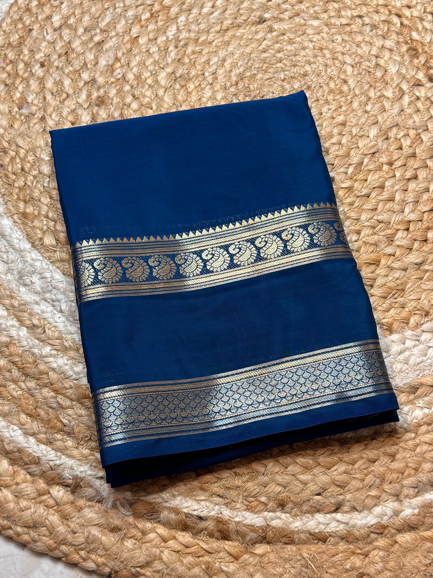 Semi Mysore Crepe Silk (Sea Blue Self colour - Bentex Border)