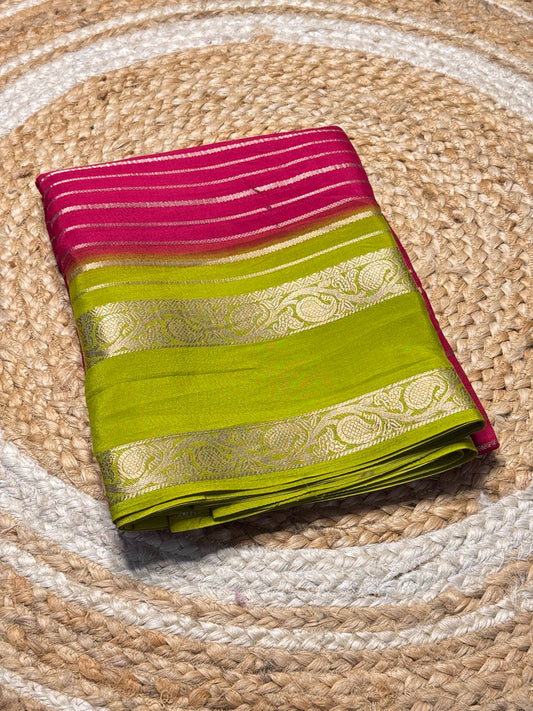 Crepe Silk Saree (Pink with Parrot Green)