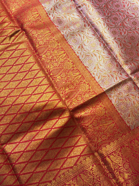 Golden Red Brocade Semi Kanchi Silk Saree