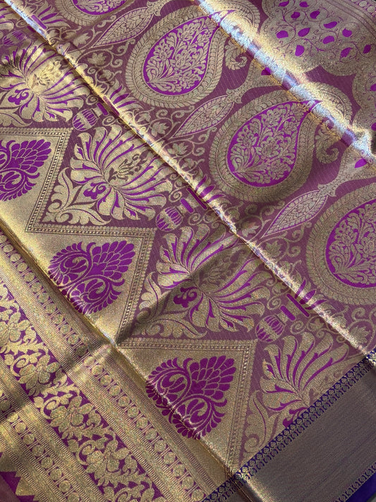 Golden Pink with Purple Brocade Semi Kanchi Silk Saree