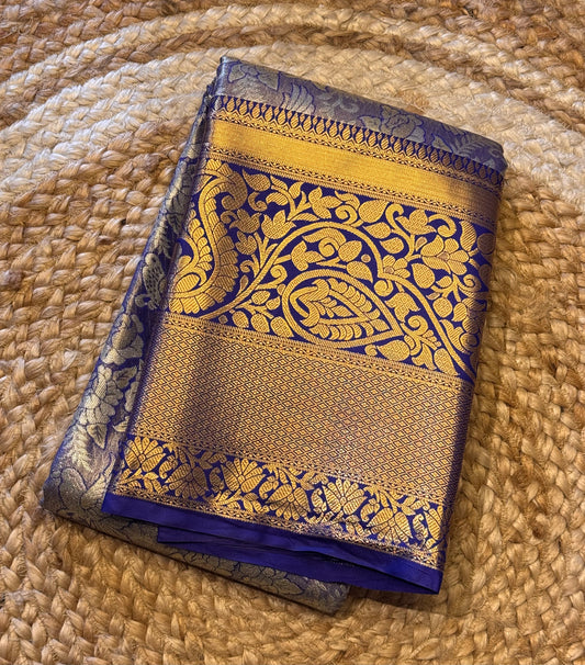 Golden Blue Brocade Semi Kanchi Silk Saree