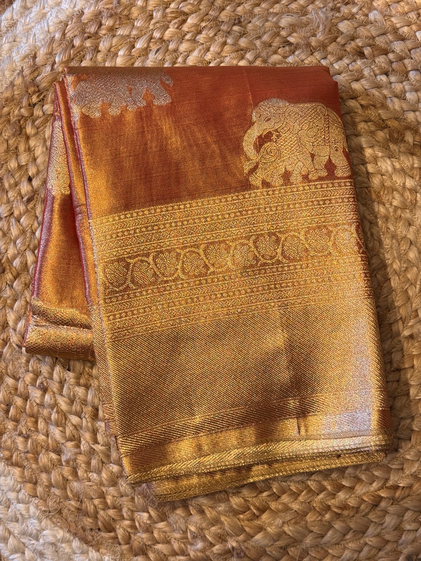 Gold Semi Tissue Saree (Elephant Buttas)