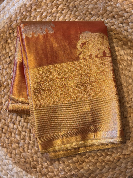 Gold Semi Tissue Saree (Elephant Buttas)