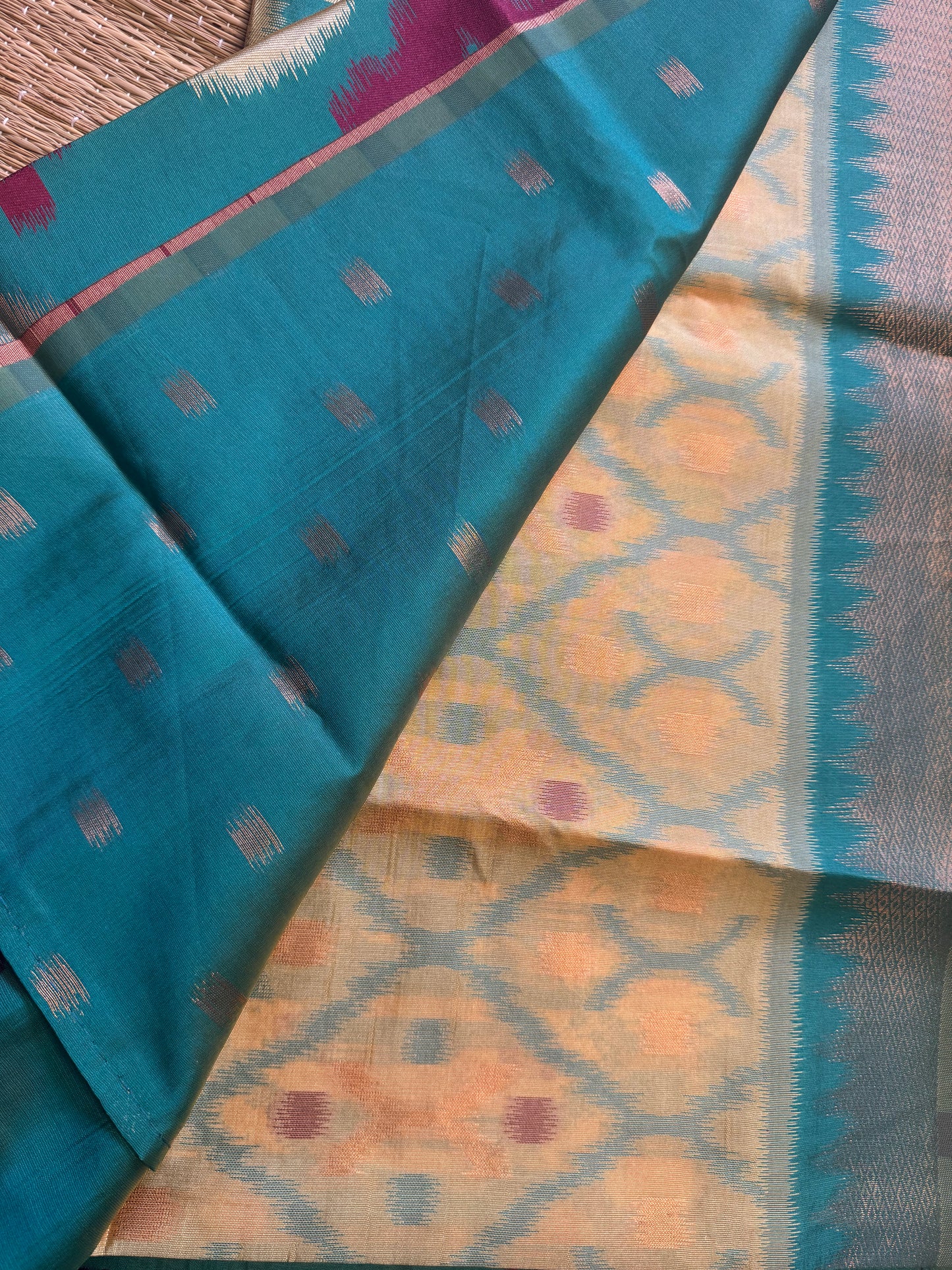 Yellow with Green Soft Silk Ikat Saree