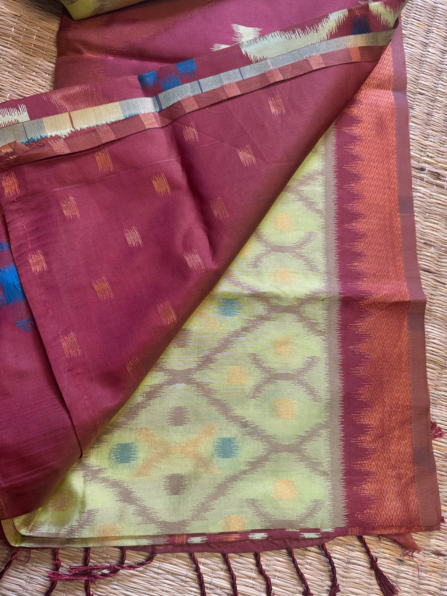 Pista Green with Brown Soft Silk Ikat Saree
