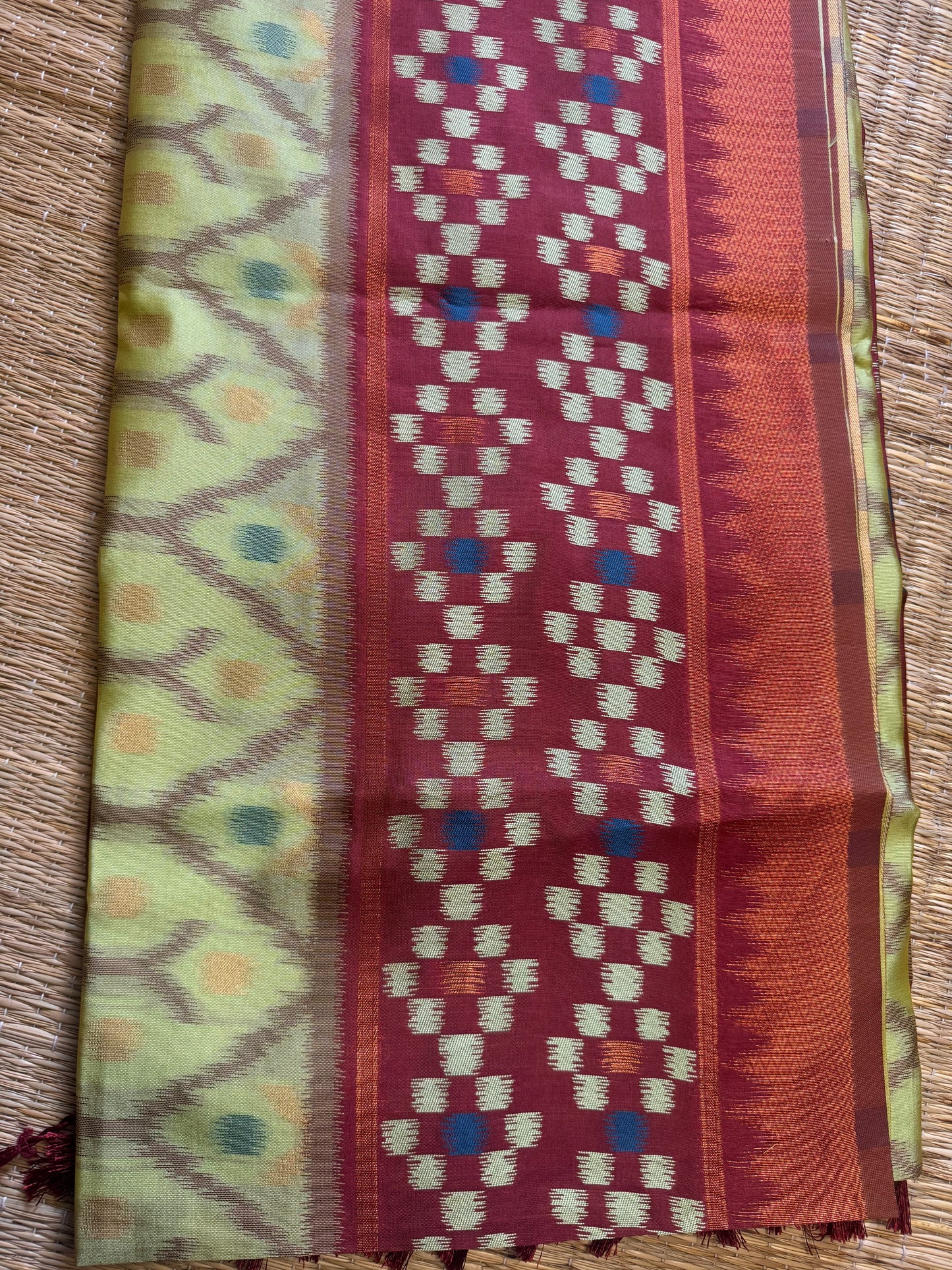 Pista Green with Maroon Soft Silk Ikat Saree