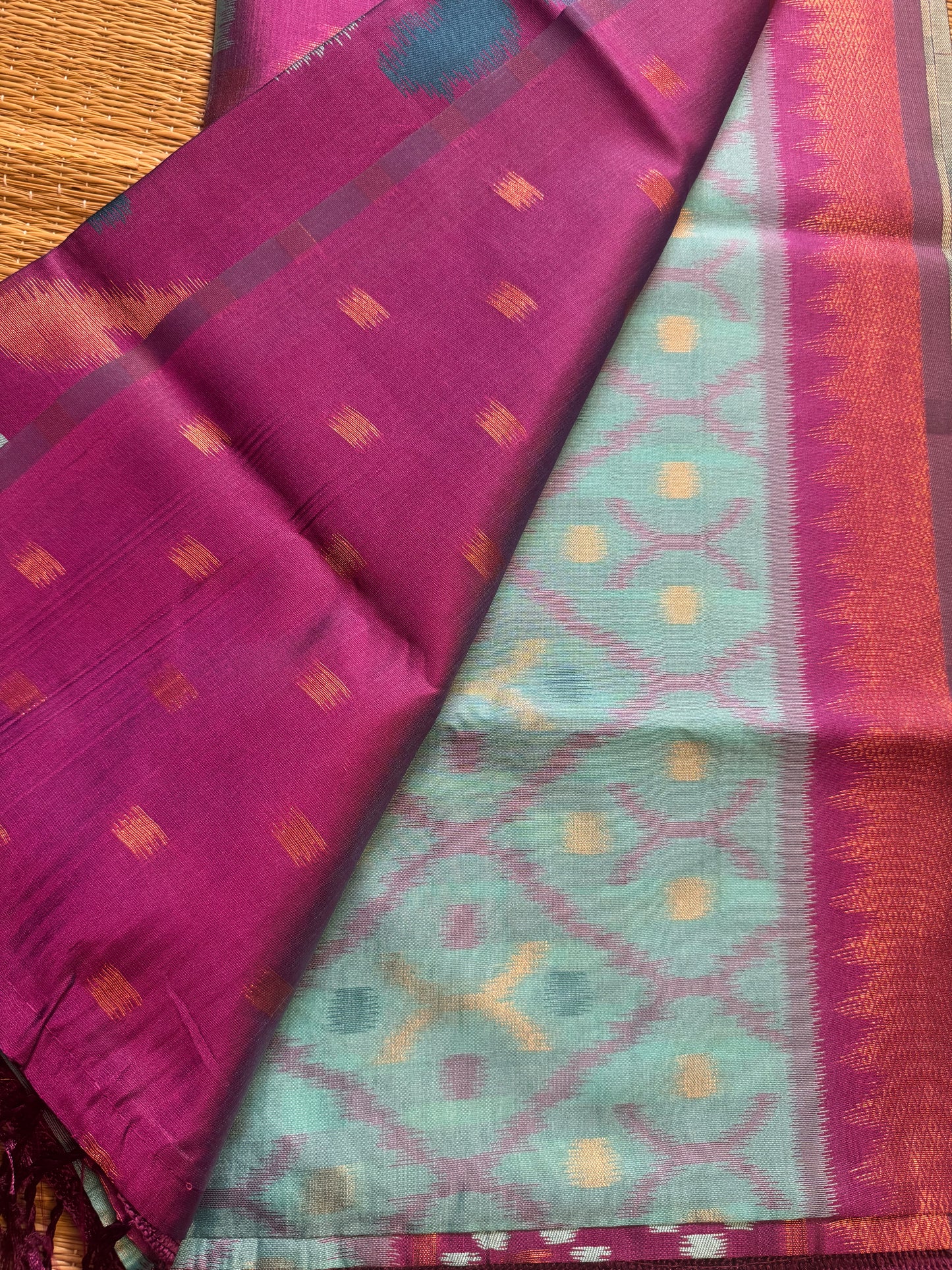 Sky blue with Purple Soft Silk Ikat Saree