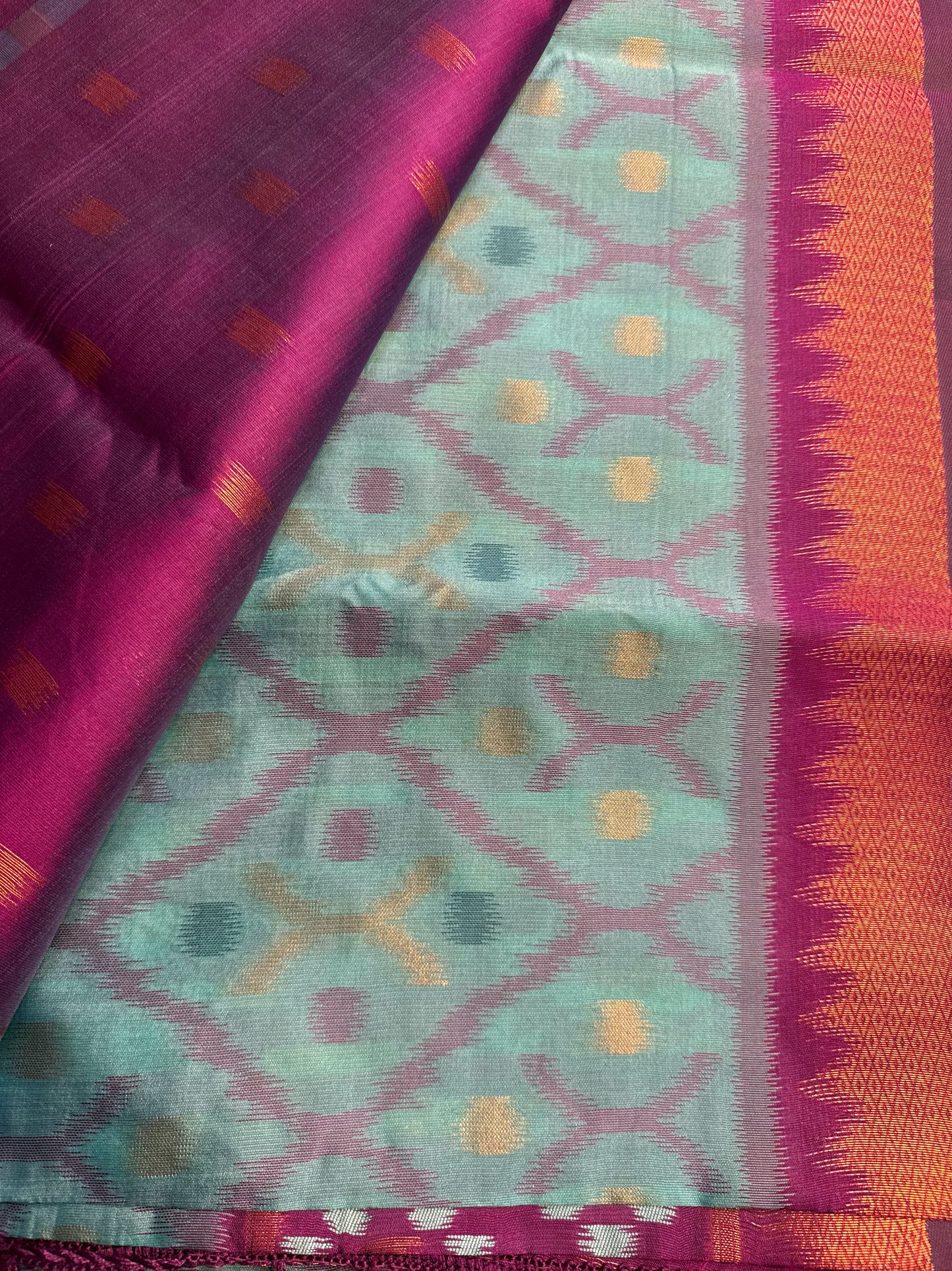 Sky Blue with Purple Soft Silk Ikat Saree