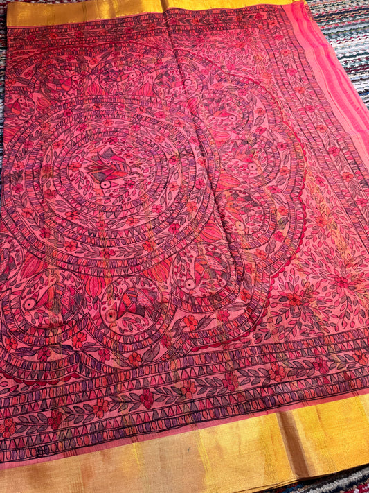 Madhubani Heritage Saree – (Peach Pink)