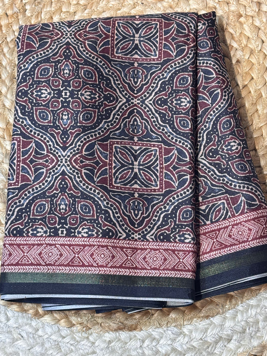 Black Semi Chanderi Silk with Ajrak Print