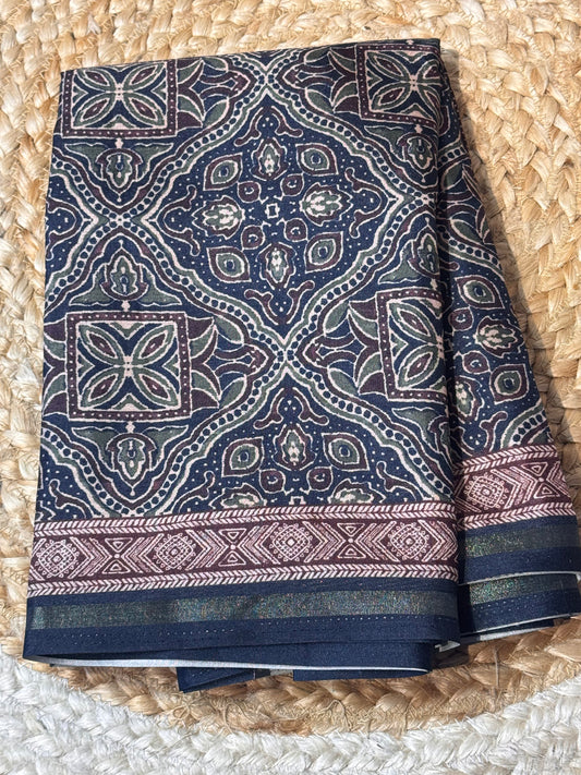Blue Semi Chanderi Silk with Ajrak Print