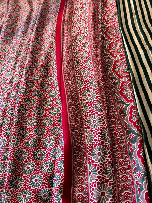 Green Satin Modal Silk in Stripes
