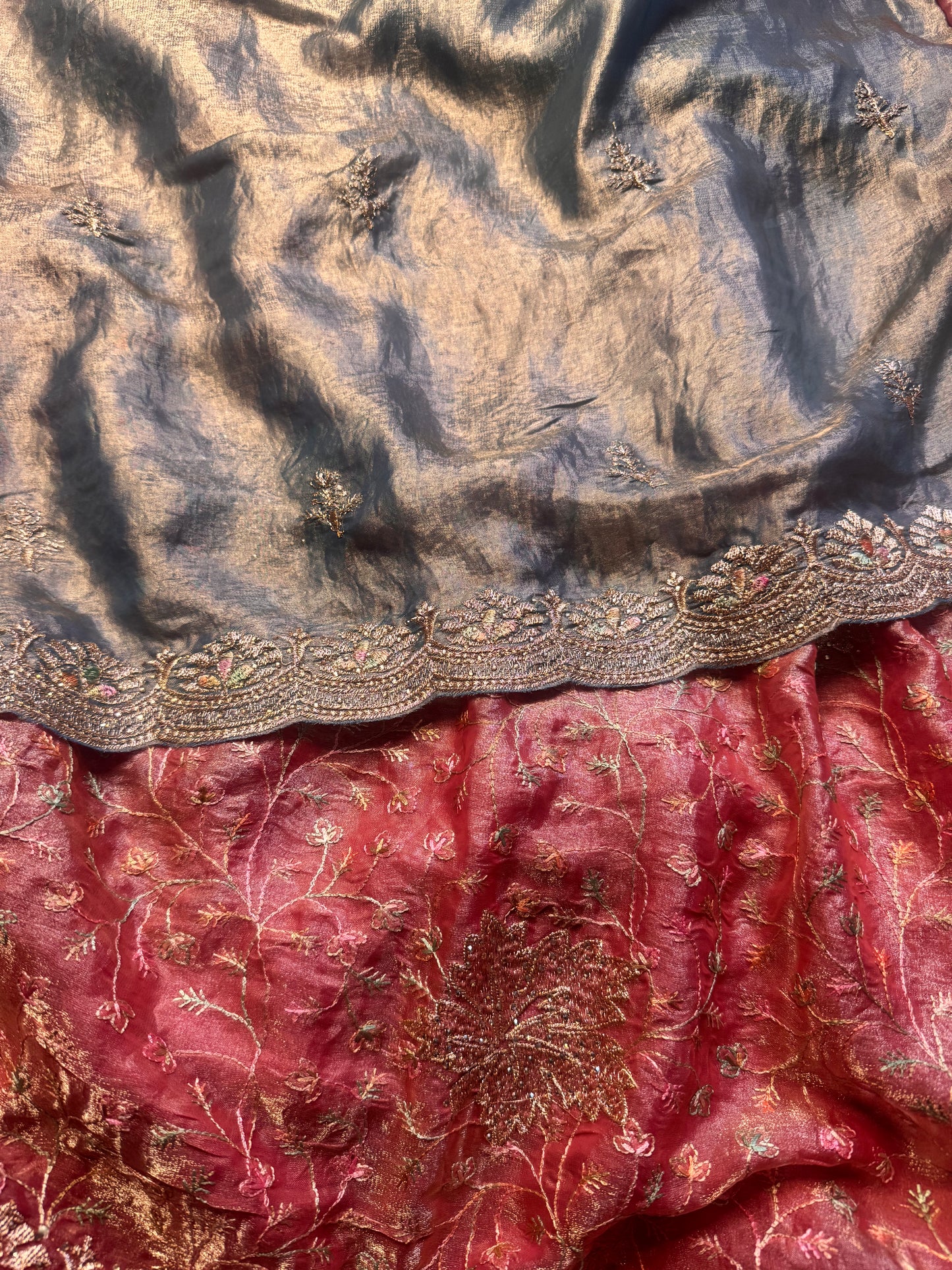 Peach Embroidered Tissue Saree with Contrast Blue