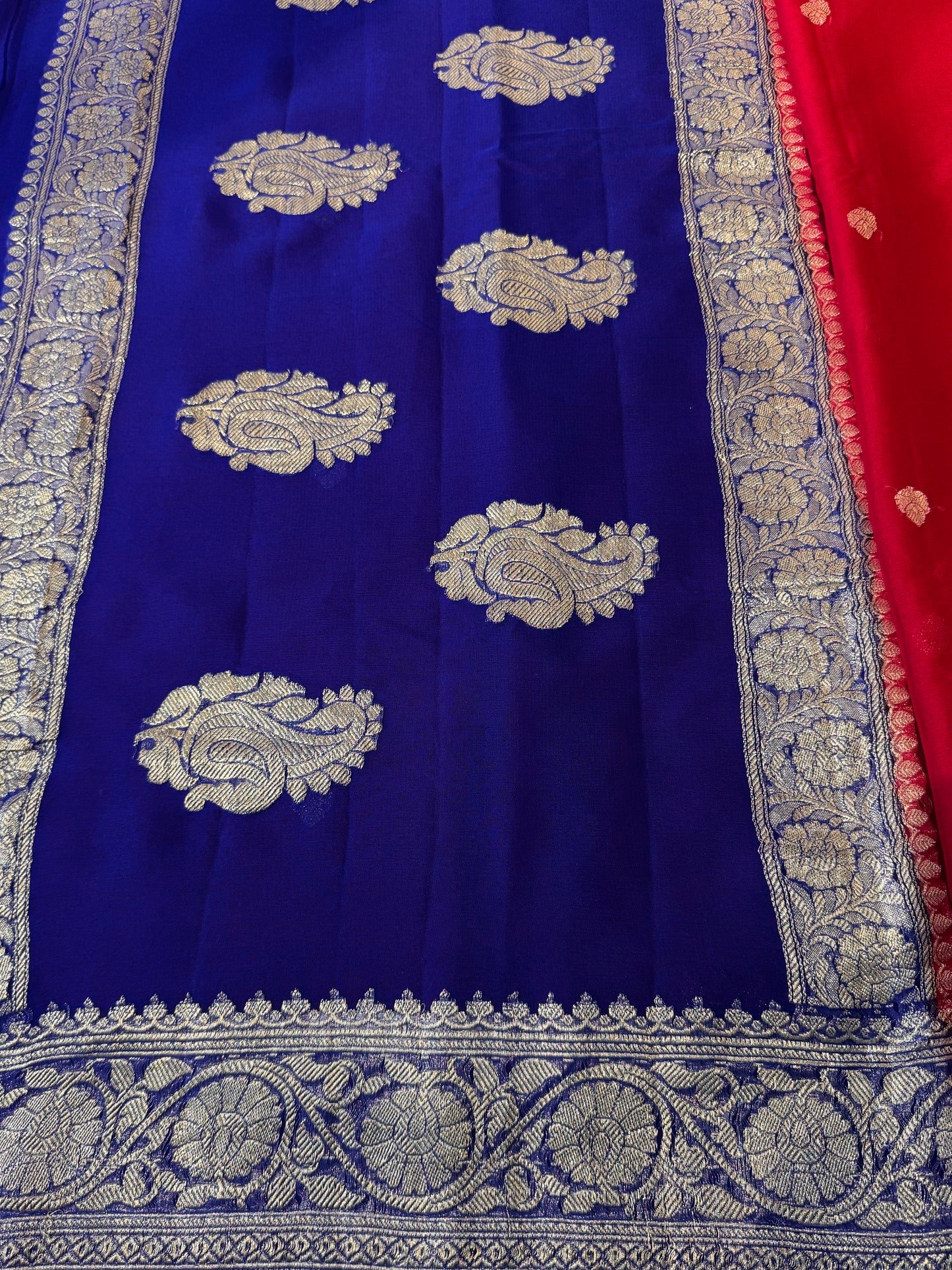 Pink with Blue Khadi Banaras Pure Chiffon Saree