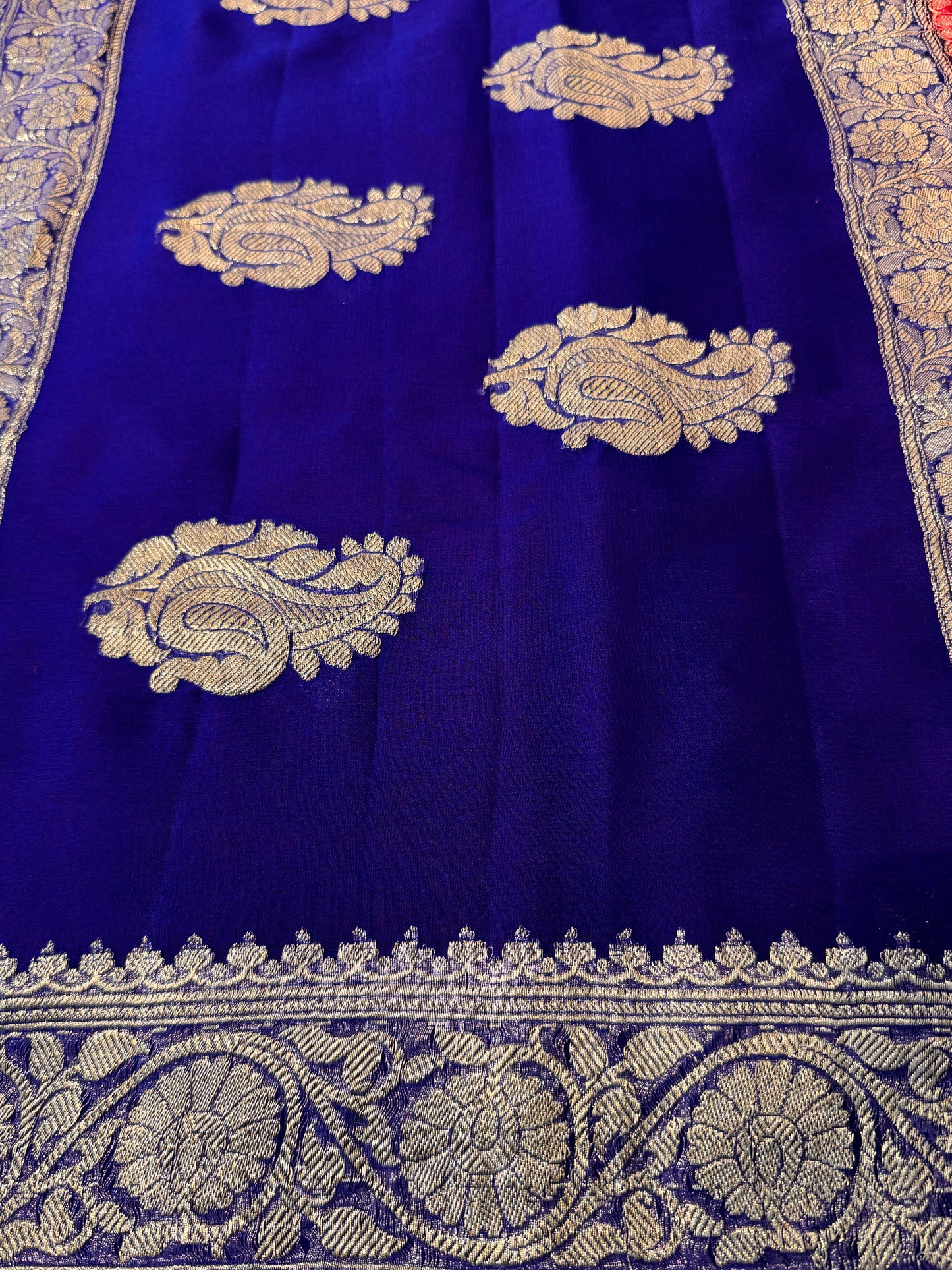 Pink with Blue Khadi Banaras Pure Chiffon Saree