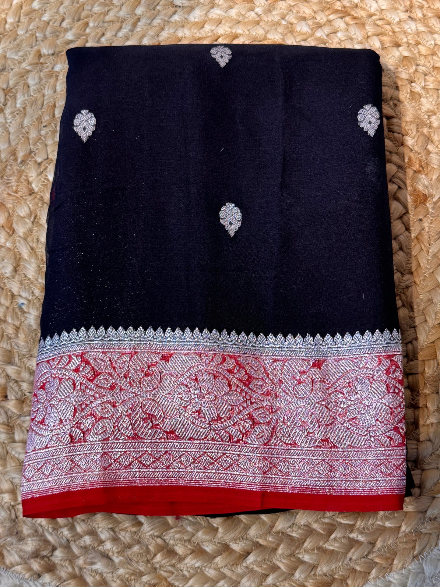 Black with Red Khadi Banaras Pure Chiffon Saree