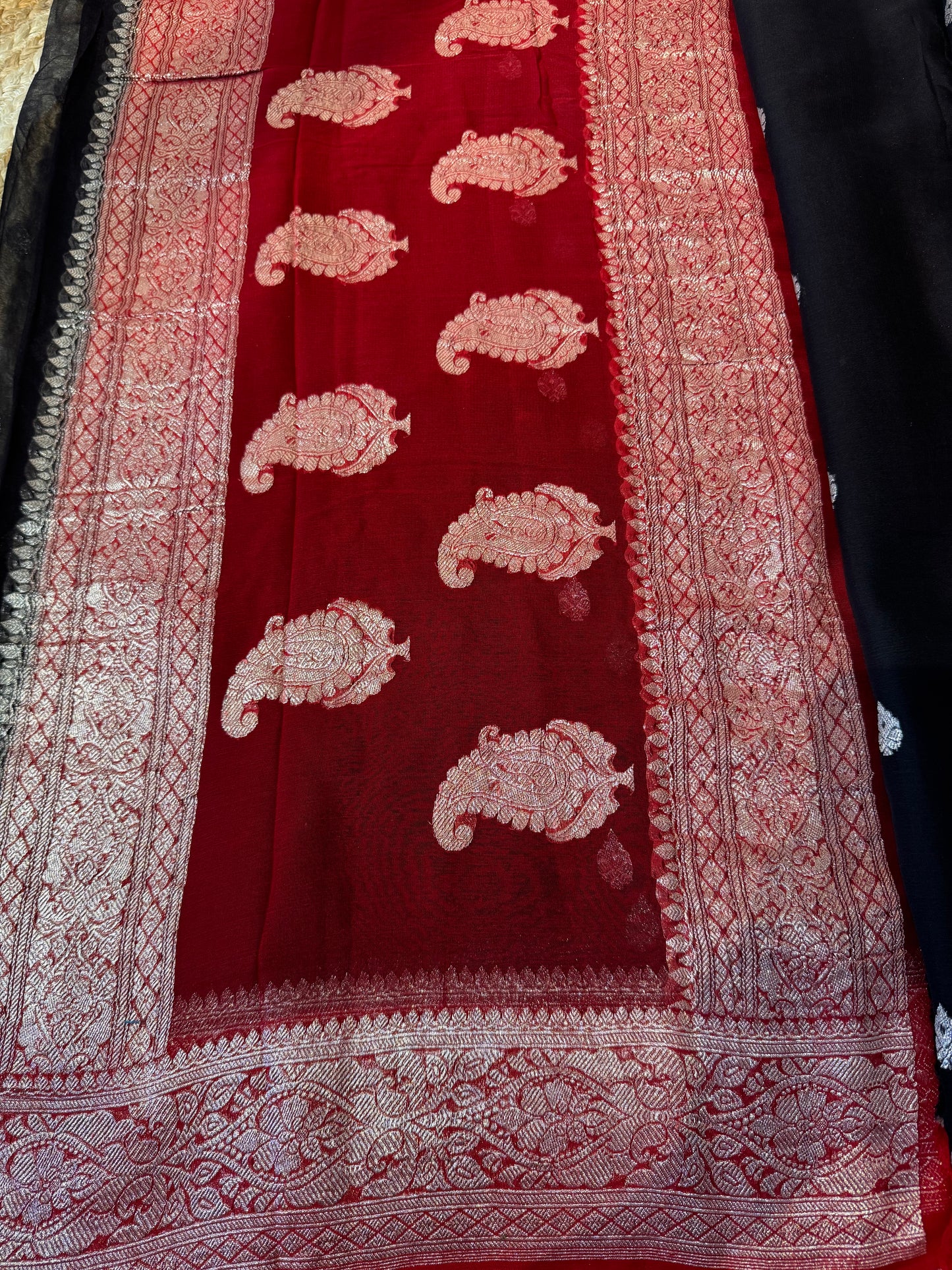 Black with Red Khadi Banaras Pure Chiffon Saree