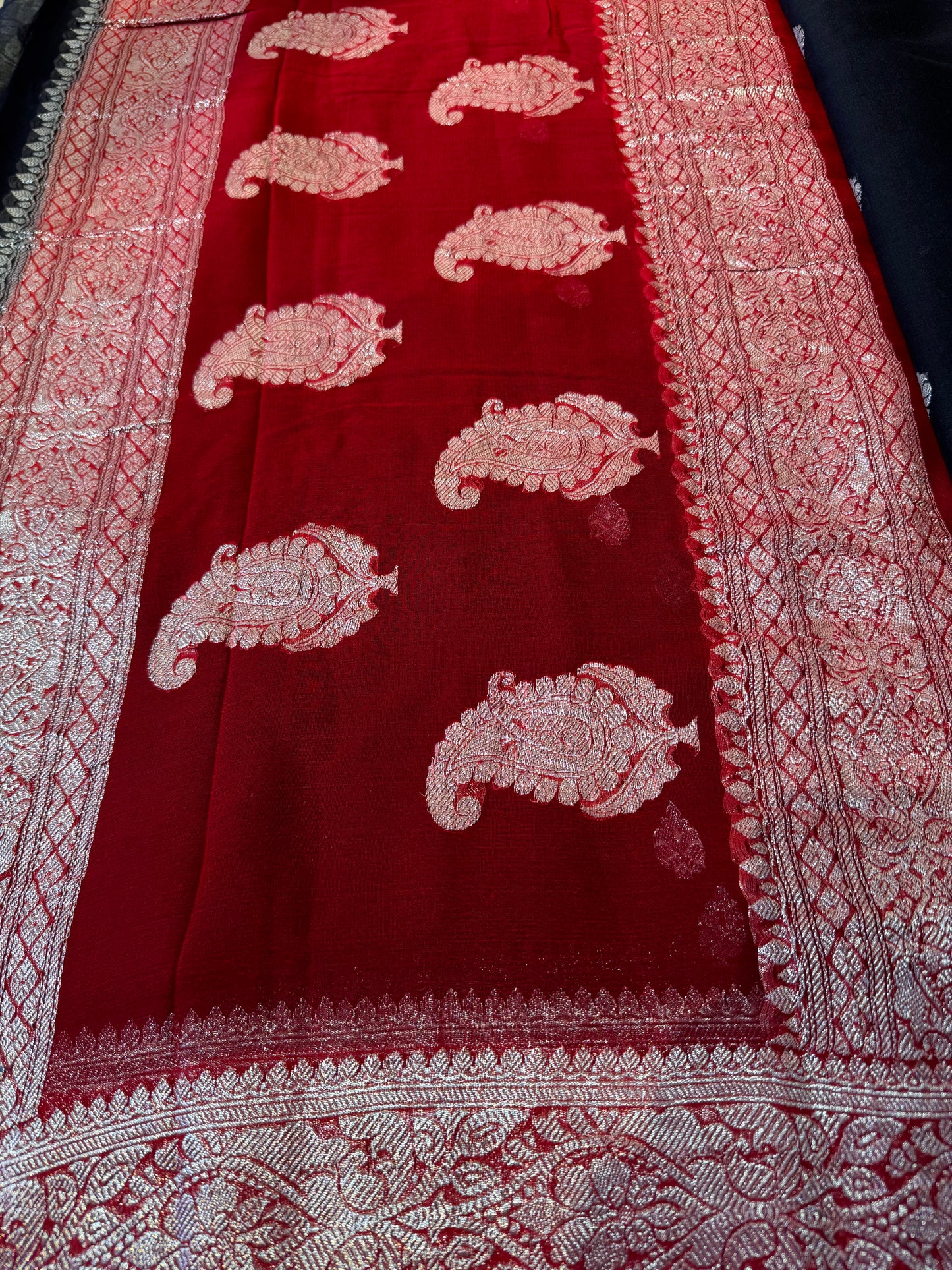 Black with Red Khadi Banaras Pure Chiffon Saree
