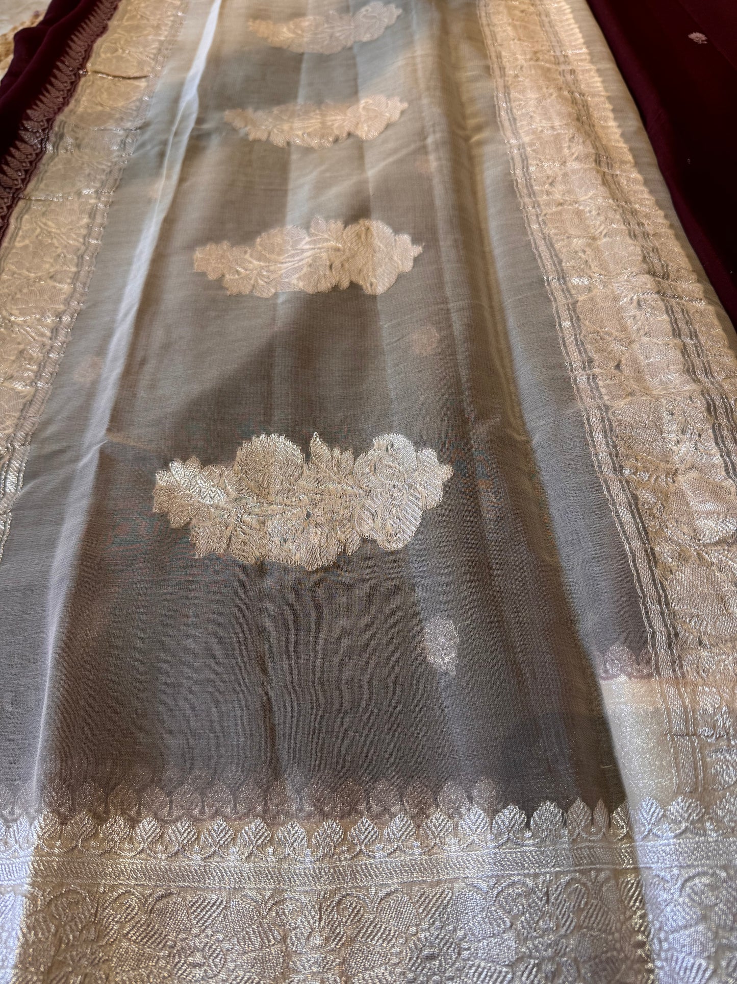 Brown with Cream Khadi Banaras Pure Chiffon Saree