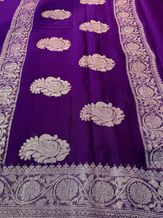 Purple Khadi Banaras Pure Chiffon Saree