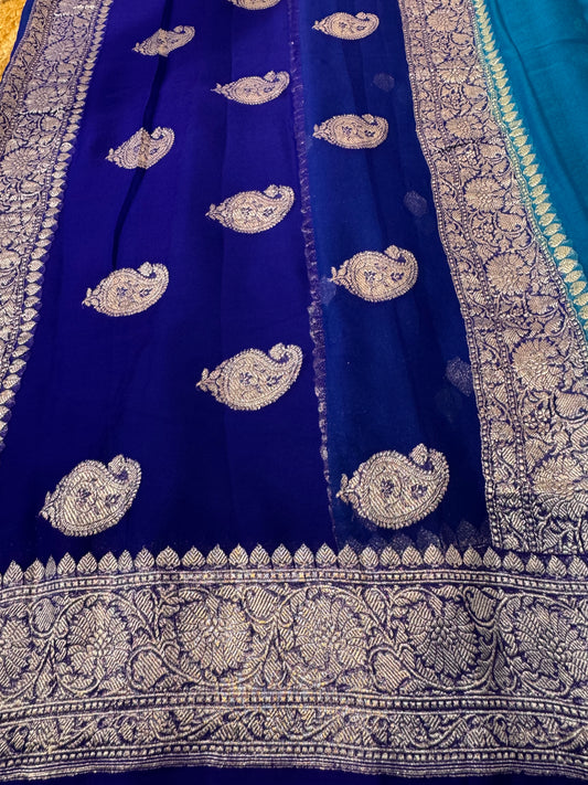 Light Blue with Dark blue Khadi Banaras Pure Chiffon Saree