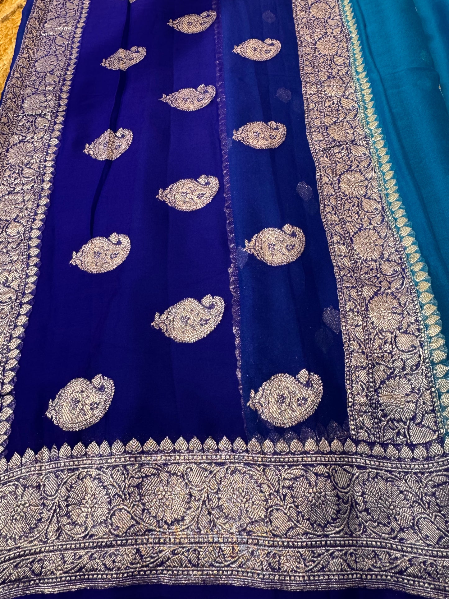 Light Blue with Dark blue Khadi Banaras Pure Chiffon Saree