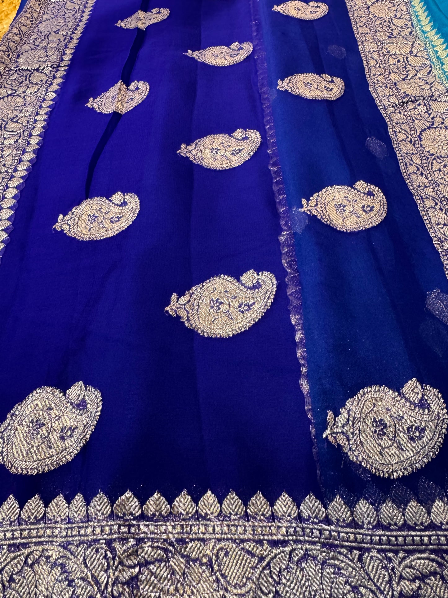Light Blue with Dark blue Khadi Banaras Pure Chiffon Saree