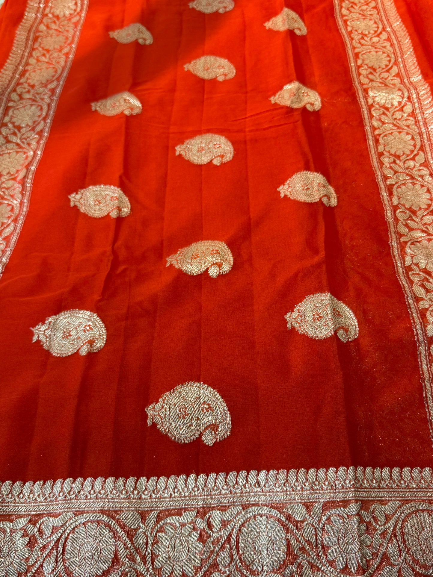 Orange Khadi Banaras Pure Chiffon Saree