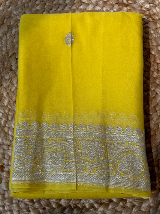 Bright Yellow Khadi Banaras Pure Chiffon Saree
