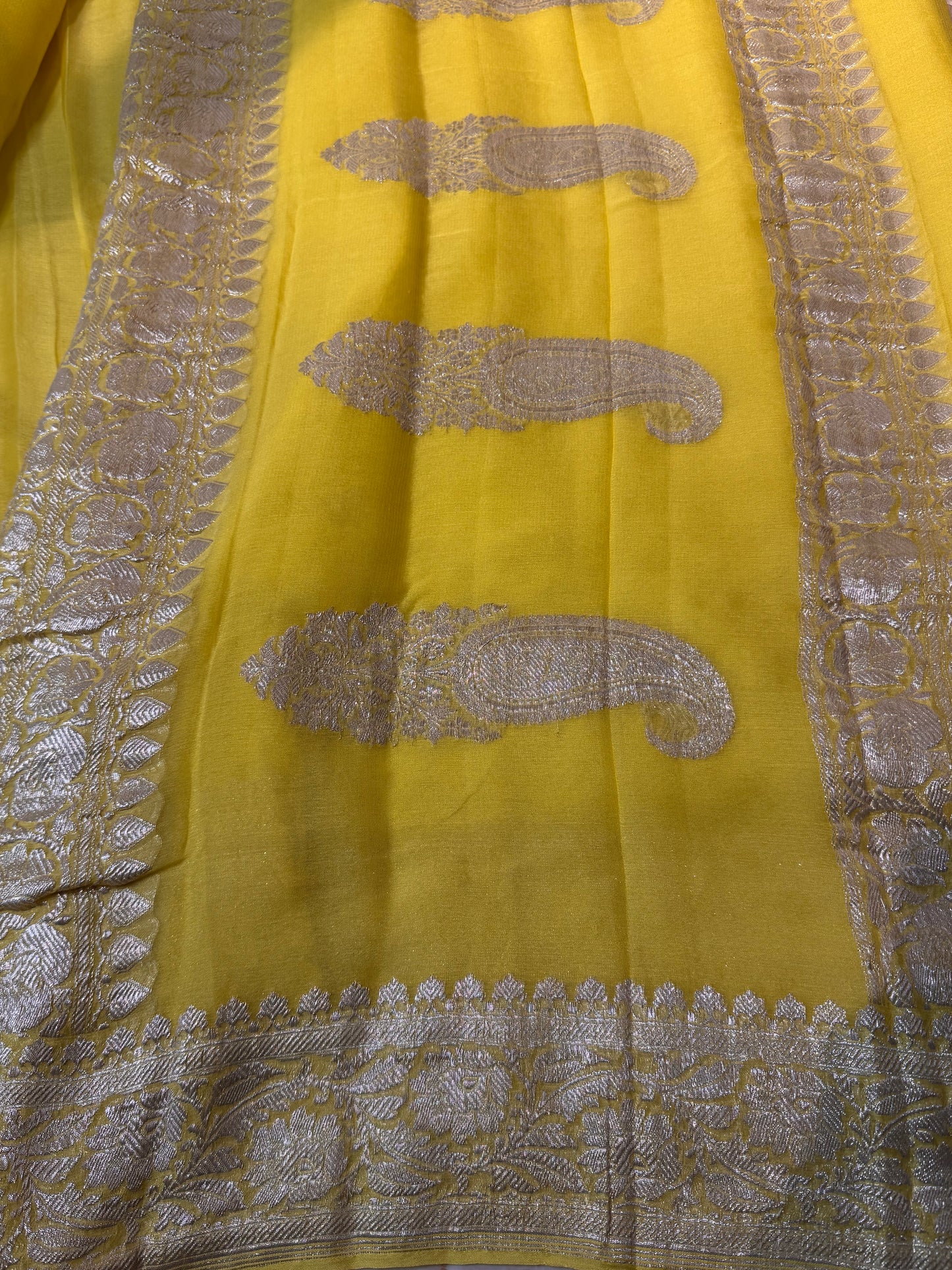 Bright Yellow Khadi Banaras Pure Chiffon Saree