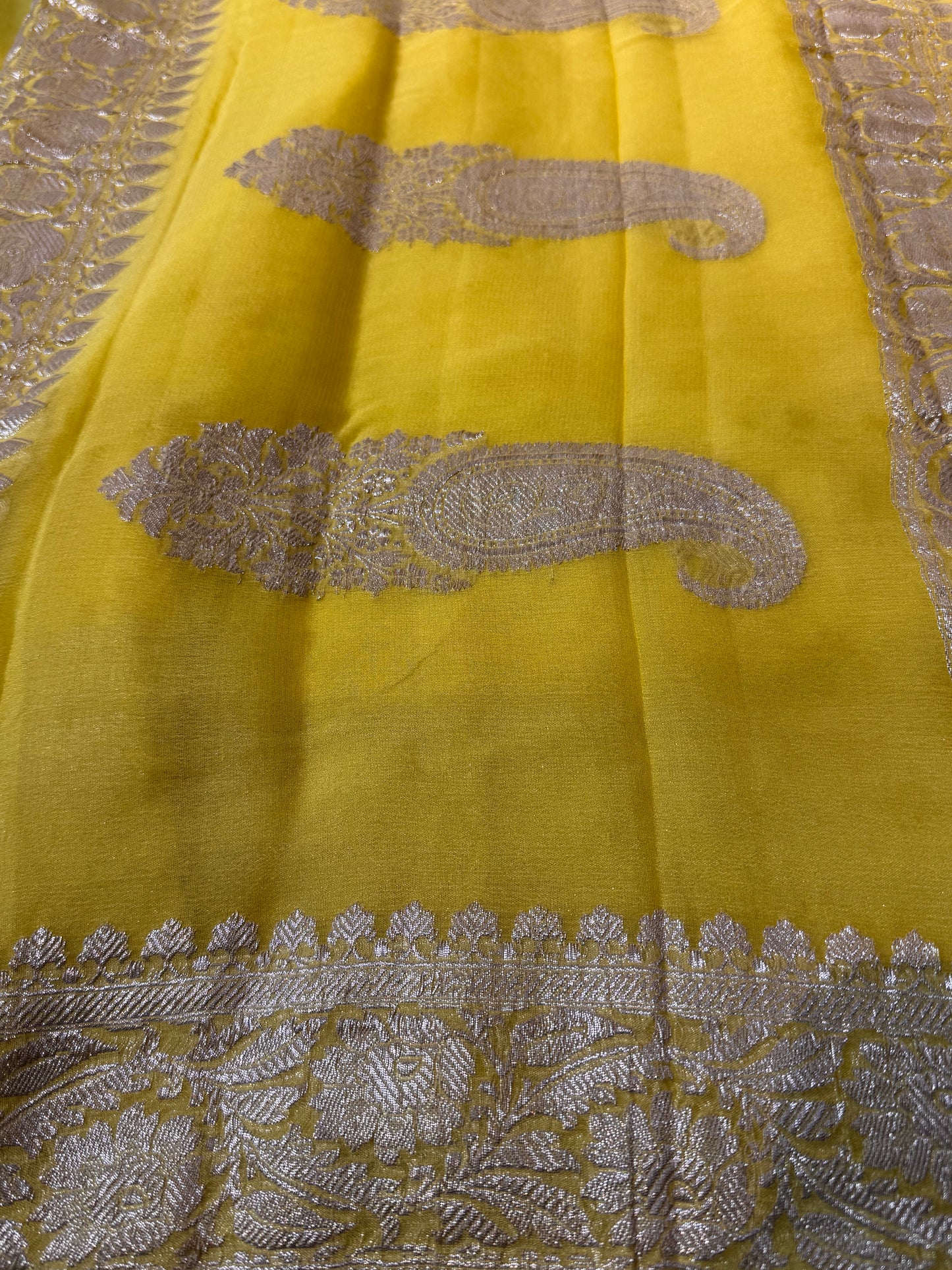 Bright Yellow Khadi Banaras Pure Chiffon Saree